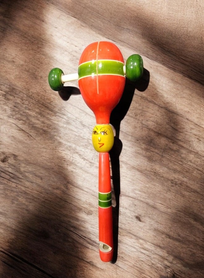 UPBEAT Wooden Baby Teether Rattle with Built-in Whistle (Color May Vary) (Pack of 1) | Musical Sensory Toy for Kids | Eco-Friendly Baby Rattle I Rhythm Instrument for Kids I Montessori Rattle - Image 3